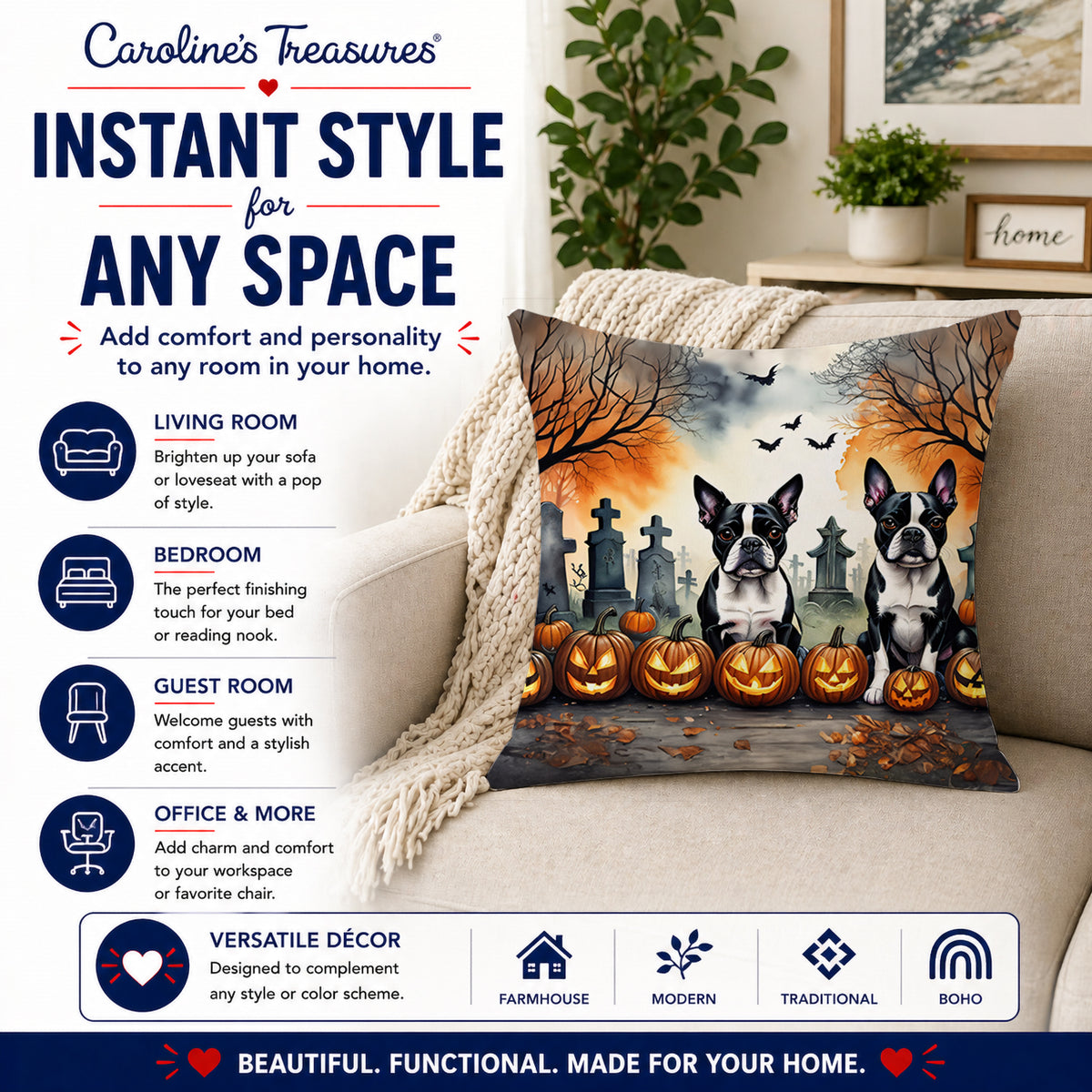 Caroline's Treasures DAC2023PW1818 Boston Terrier Spooky Halloween Fabric Decorative Pillow Machine Washable, Indoor Outdoor Decorative Pillow for Couch, Bed or Patio, 18Hx18W