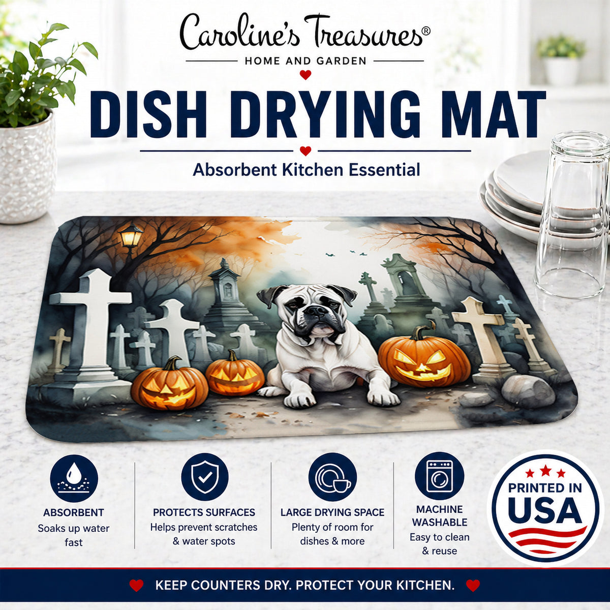 Caroline's Treasures DAC2024DDM Boxer Spooky Halloween Dish Drying Mat Absorbent Dish Drying Mat Pad for Kitchen Counter Dish Drainer Mat for Countertop, 14 x 21, Multicolor