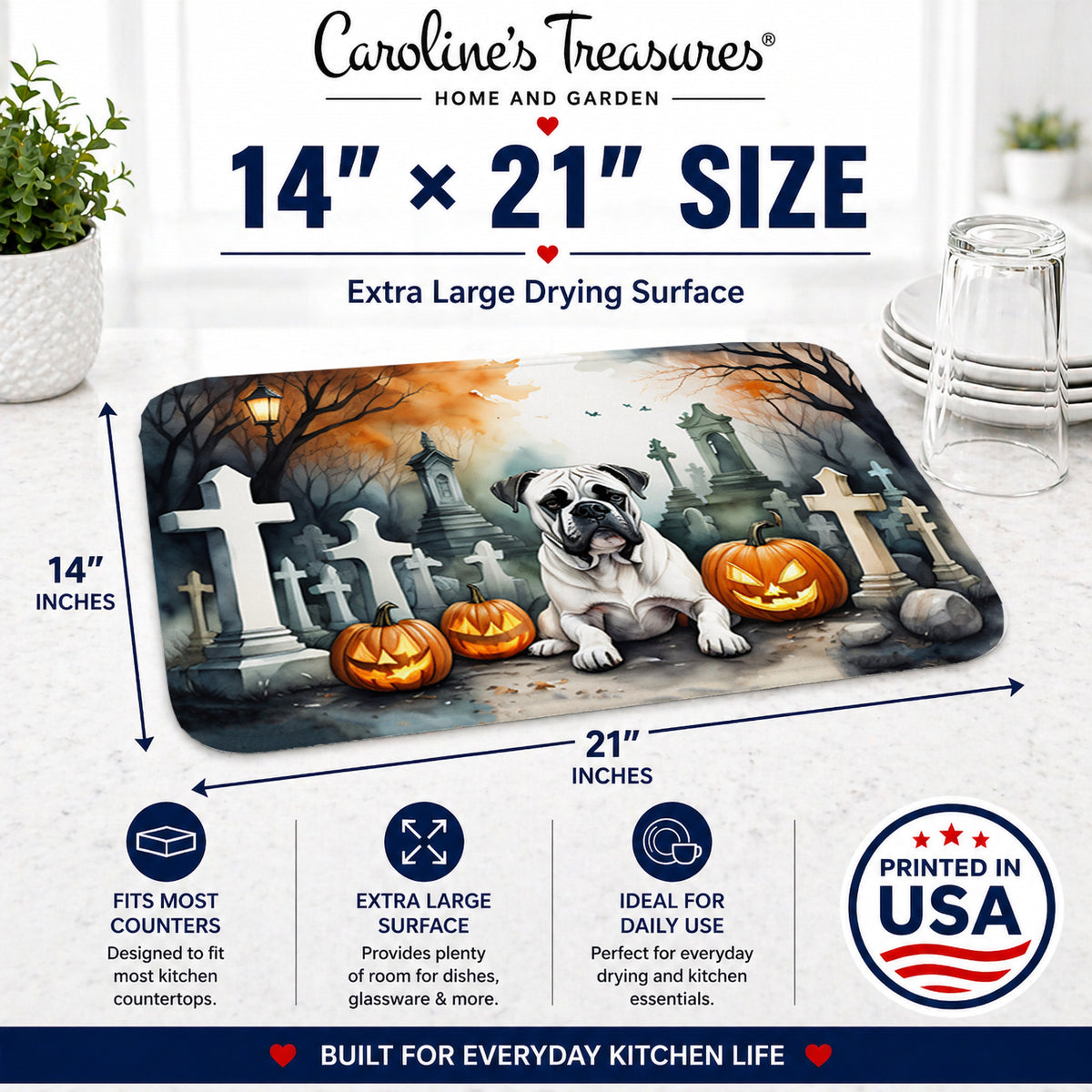 Caroline's Treasures DAC2024DDM Boxer Spooky Halloween Dish Drying Mat Absorbent Dish Drying Mat Pad for Kitchen Counter Dish Drainer Mat for Countertop, 14 x 21, Multicolor