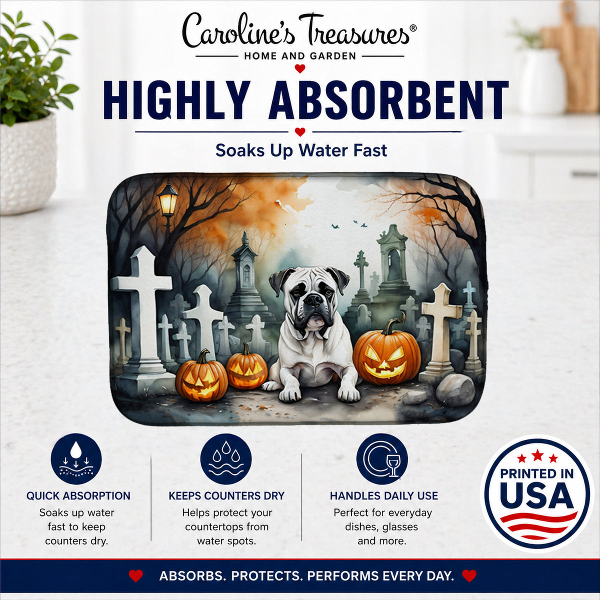 Caroline's Treasures DAC2024DDM Boxer Spooky Halloween Dish Drying Mat Absorbent Dish Drying Mat Pad for Kitchen Counter Dish Drainer Mat for Countertop, 14 x 21, Multicolor