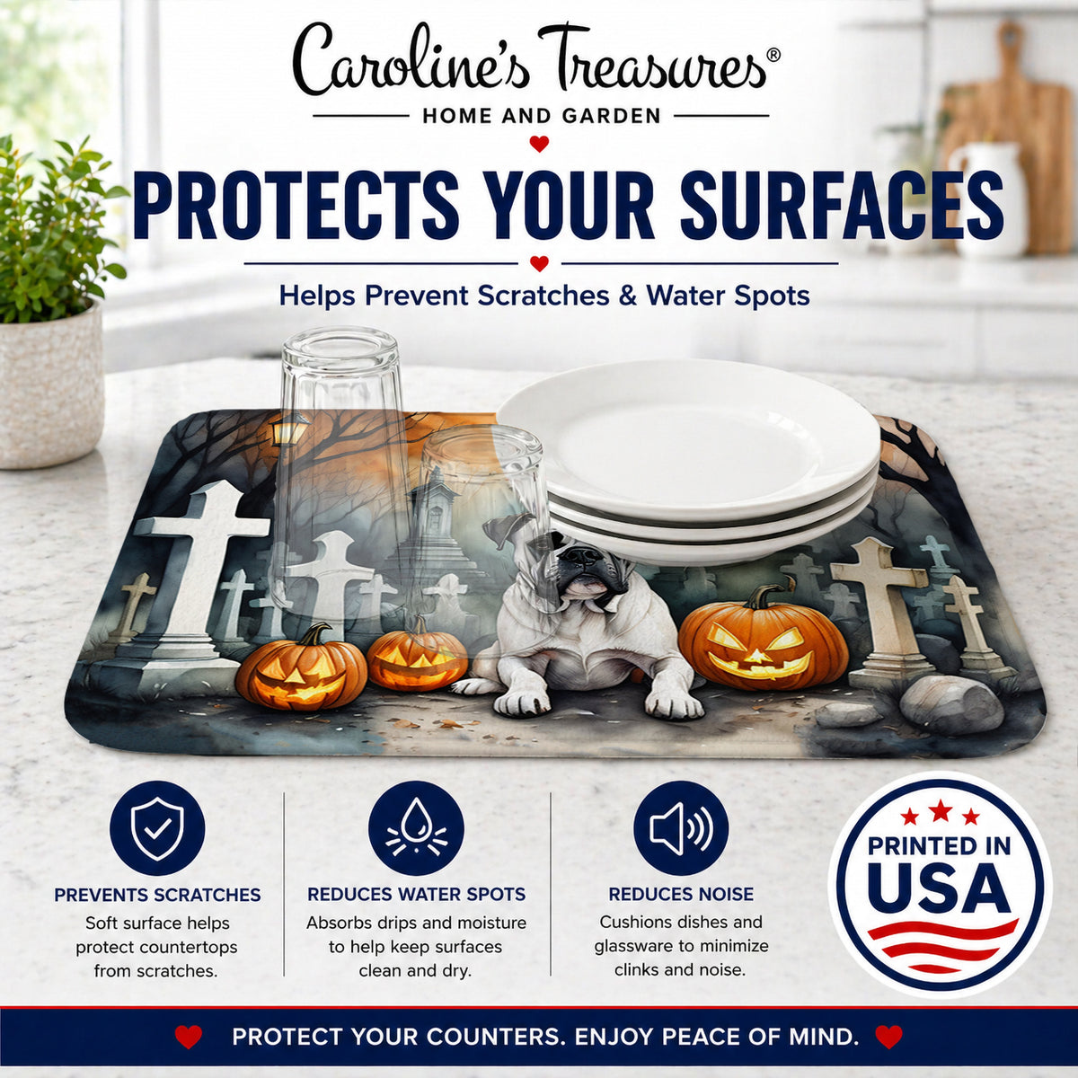 Caroline's Treasures DAC2024DDM Boxer Spooky Halloween Dish Drying Mat Absorbent Dish Drying Mat Pad for Kitchen Counter Dish Drainer Mat for Countertop, 14 x 21, Multicolor