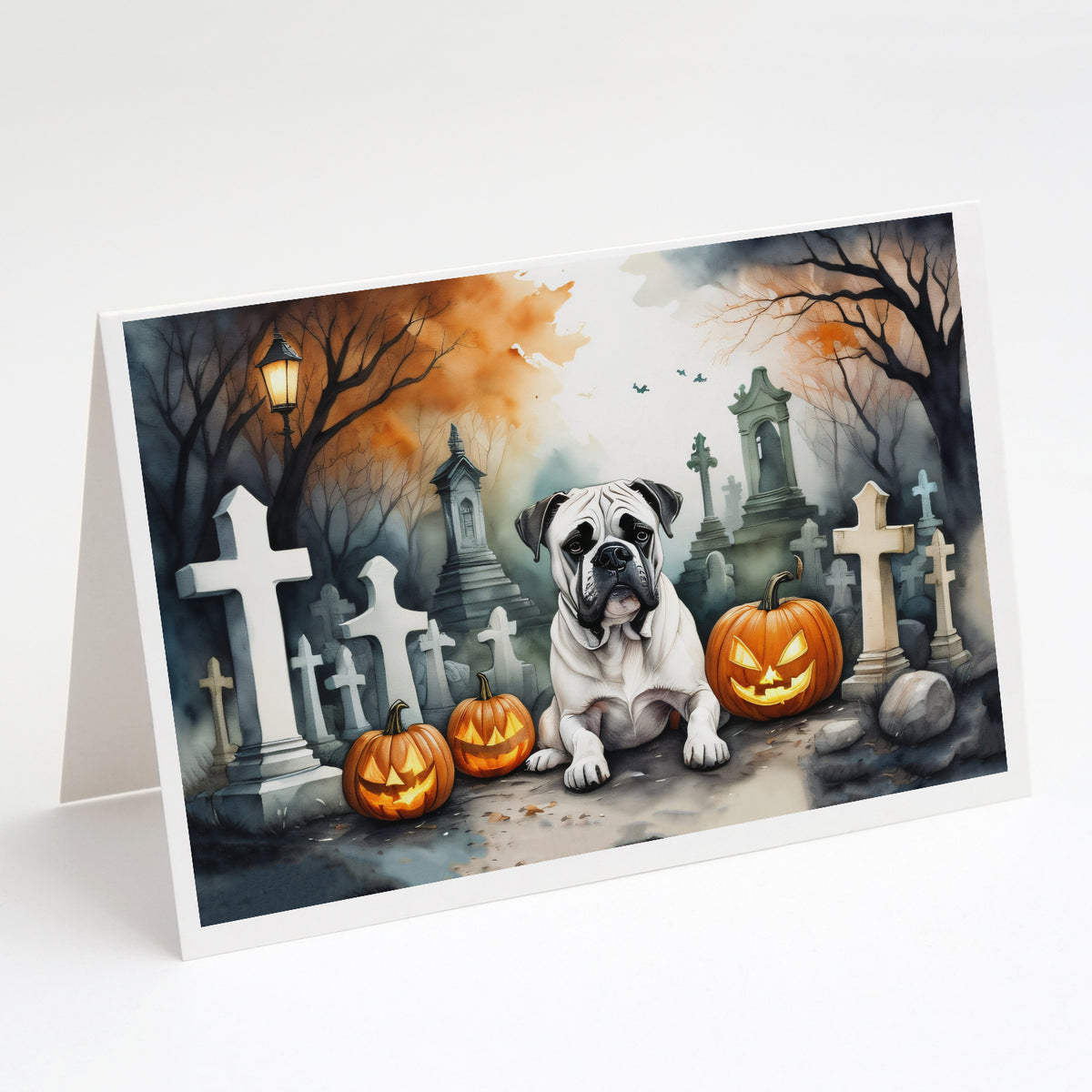 Caroline's Treasures DAC2024GCA7P Boxer Spooky Halloween Greeting Cards and Envelopes Pack of 8 Blank Cards with Envelopes Whimsical A7 Size 5x7 Blank Greeting Cards