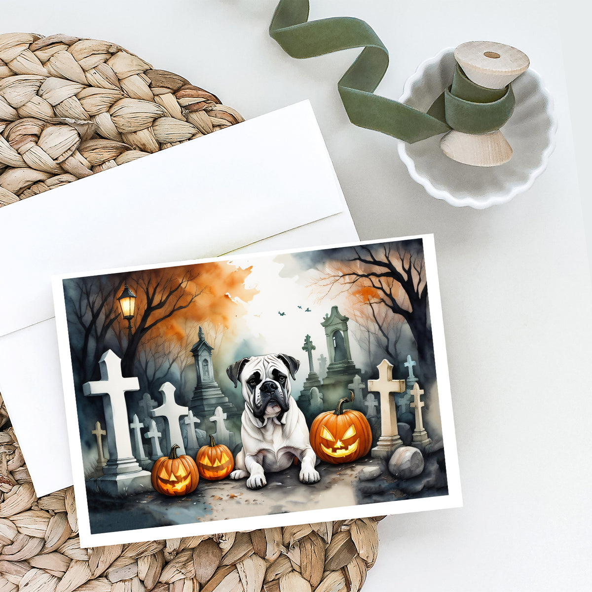 Caroline's Treasures DAC2024GCA7P Boxer Spooky Halloween Greeting Cards and Envelopes Pack of 8 Blank Cards with Envelopes Whimsical A7 Size 5x7 Blank Greeting Cards
