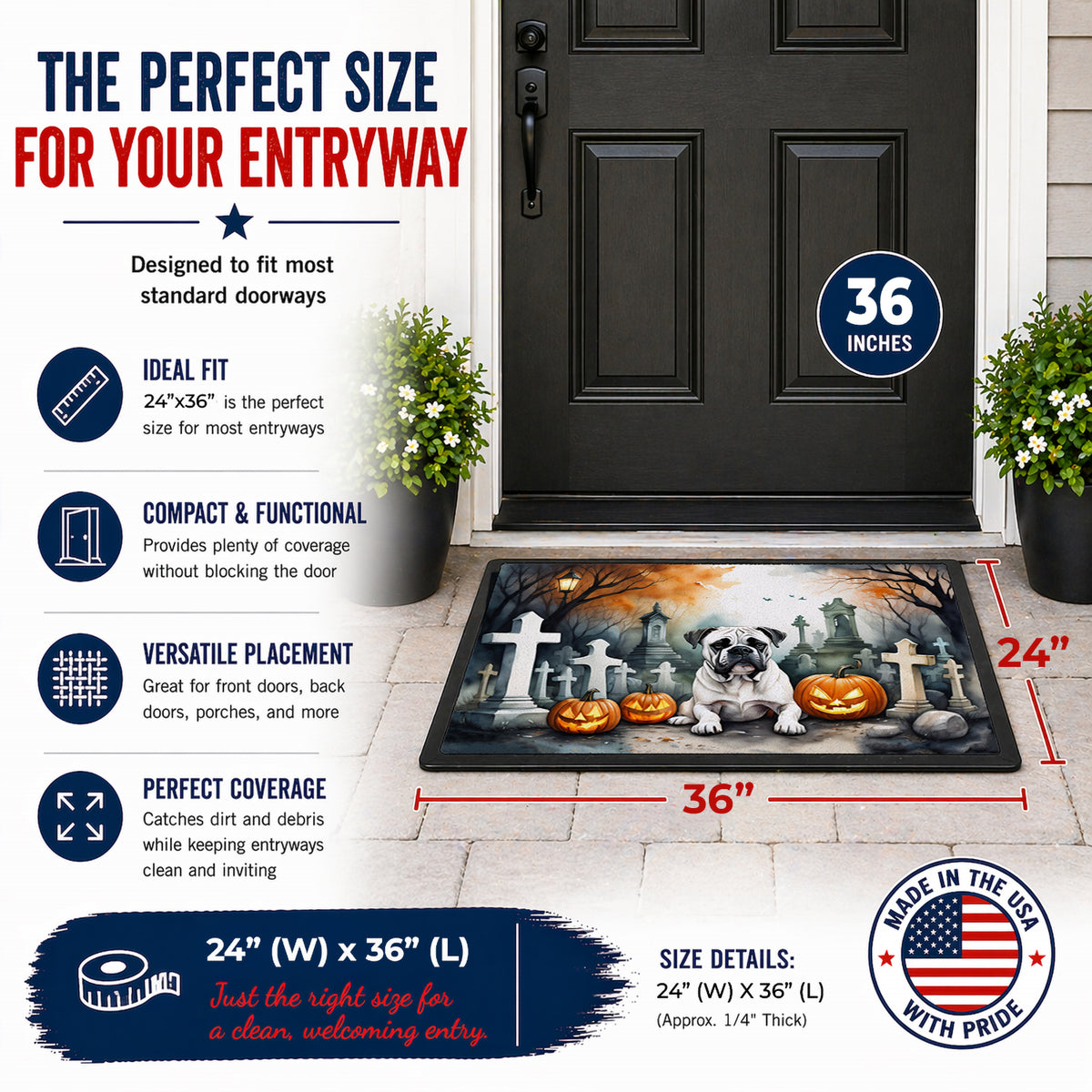 Caroline's Treasures DAC2024JMAT Boxer Spooky Halloween Indoor or Outdoor Mat 24x36 Front Door Mat Indoor Outdoor Rugs for Entryway, Non Slip Washable Low Pile, 24H X 36W