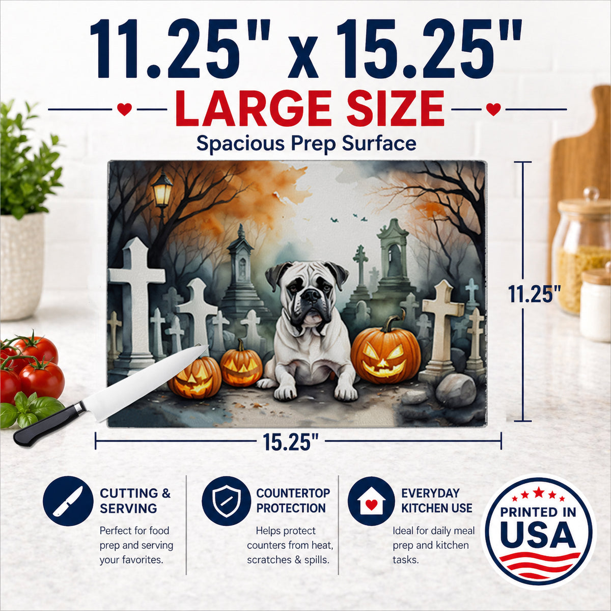 Caroline's Treasures DAC2024LCB Boxer Spooky Halloween Glass Cutting Board Large Decorative Tempered Glass Kitchen Cutting and Serving Board Large Size Chopping Board
