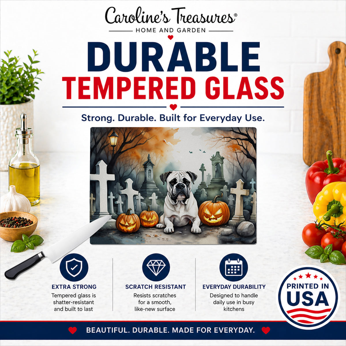 Caroline's Treasures DAC2024LCB Boxer Spooky Halloween Glass Cutting Board Large Decorative Tempered Glass Kitchen Cutting and Serving Board Large Size Chopping Board