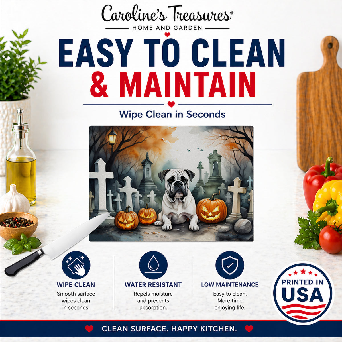 Caroline's Treasures DAC2024LCB Boxer Spooky Halloween Glass Cutting Board Large Decorative Tempered Glass Kitchen Cutting and Serving Board Large Size Chopping Board