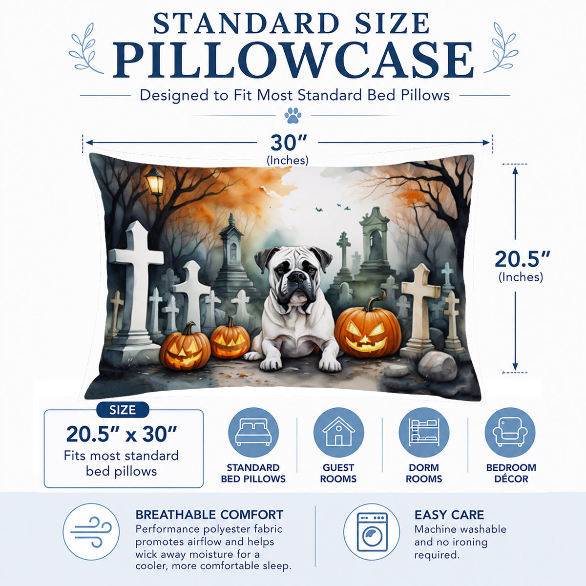 Caroline's Treasures DAC2024PILLOWCASE Boxer Spooky Halloween Fabric Standard Pillowcase Lightweight Super Soft Easy Care Decorative Artwork Pillowcase, Standard