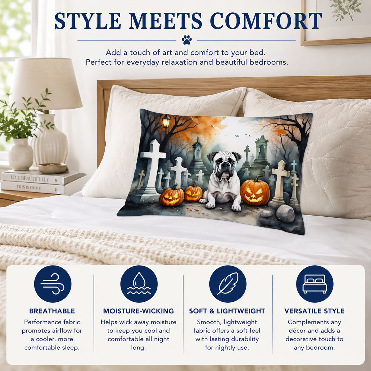 Caroline's Treasures DAC2024PILLOWCASE Boxer Spooky Halloween Fabric Standard Pillowcase Lightweight Super Soft Easy Care Decorative Artwork Pillowcase, Standard