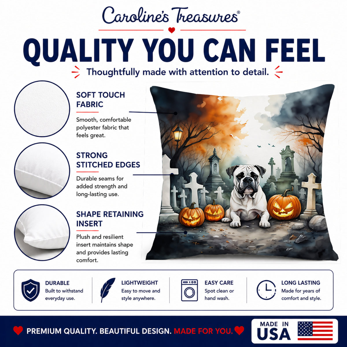 Caroline's Treasures DAC2024PW1414 Boxer Spooky Halloween Fabric Decorative Pillow Machine Washable, Indoor Outdoor Decorative Pillow for Couch, Bed or Patio, 14Hx14W