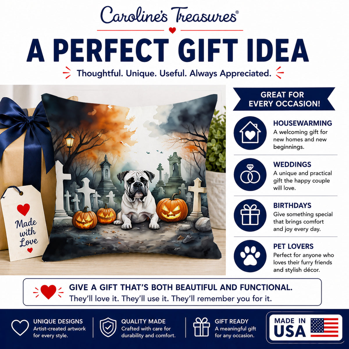 Caroline's Treasures DAC2024PW1414 Boxer Spooky Halloween Fabric Decorative Pillow Machine Washable, Indoor Outdoor Decorative Pillow for Couch, Bed or Patio, 14Hx14W