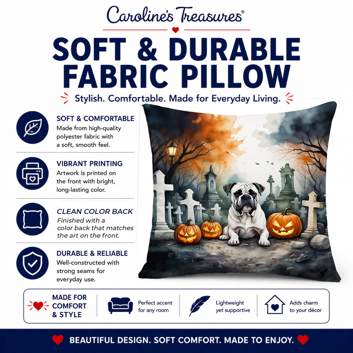 Caroline's Treasures DAC2024PW1818 Boxer Spooky Halloween Fabric Decorative Pillow Machine Washable, Indoor Outdoor Decorative Pillow for Couch, Bed or Patio, 18Hx18W