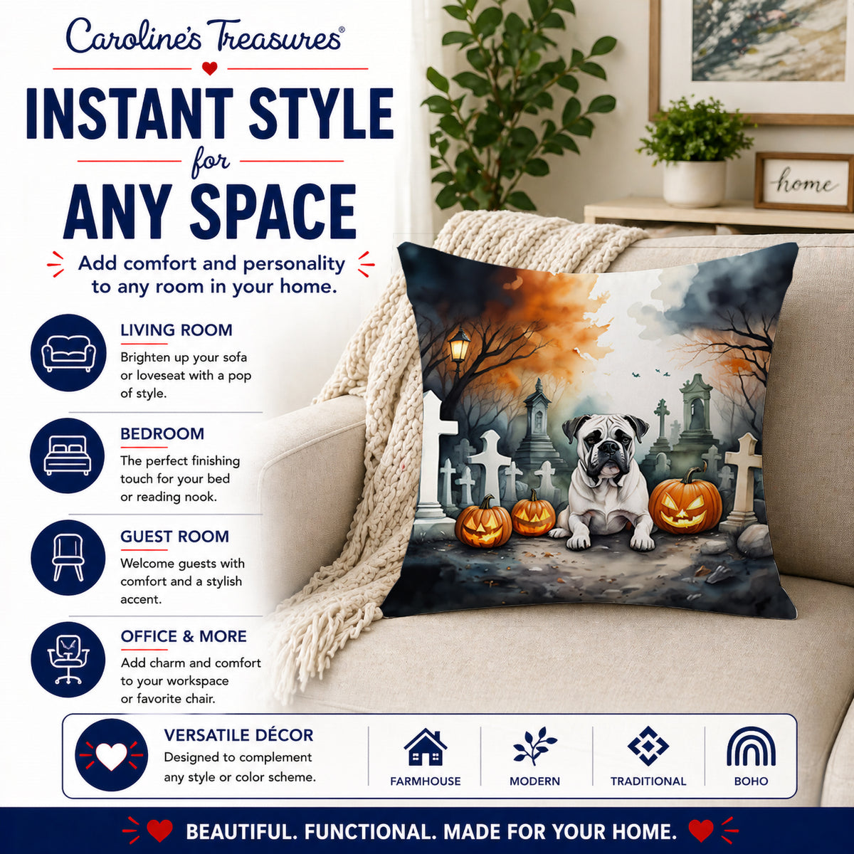 Caroline's Treasures DAC2024PW1818 Boxer Spooky Halloween Fabric Decorative Pillow Machine Washable, Indoor Outdoor Decorative Pillow for Couch, Bed or Patio, 18Hx18W