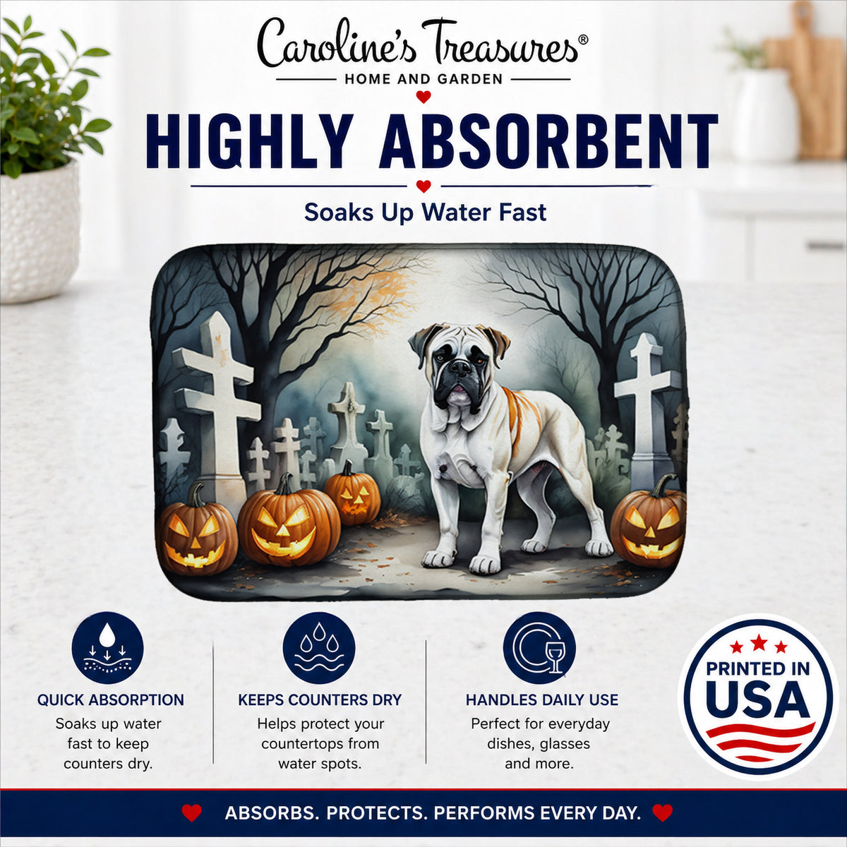 Caroline's Treasures DAC2025DDM Boxer Spooky Halloween Dish Drying Mat Absorbent Dish Drying Mat Pad for Kitchen Counter Dish Drainer Mat for Countertop, 14 x 21, Multicolor