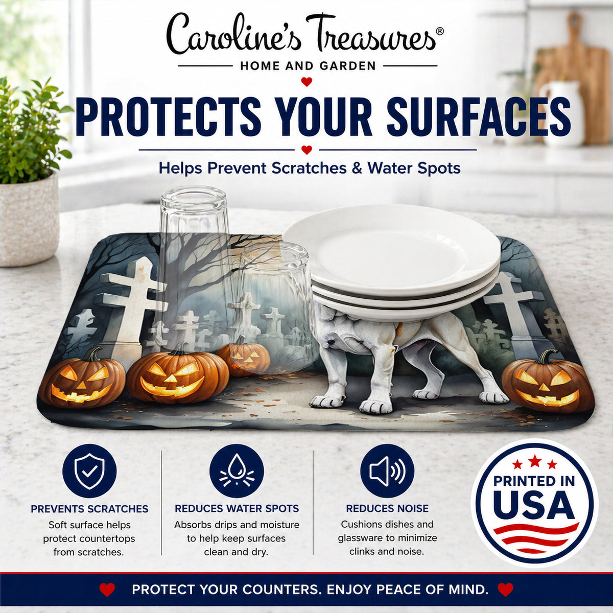 Caroline's Treasures DAC2025DDM Boxer Spooky Halloween Dish Drying Mat Absorbent Dish Drying Mat Pad for Kitchen Counter Dish Drainer Mat for Countertop, 14 x 21, Multicolor