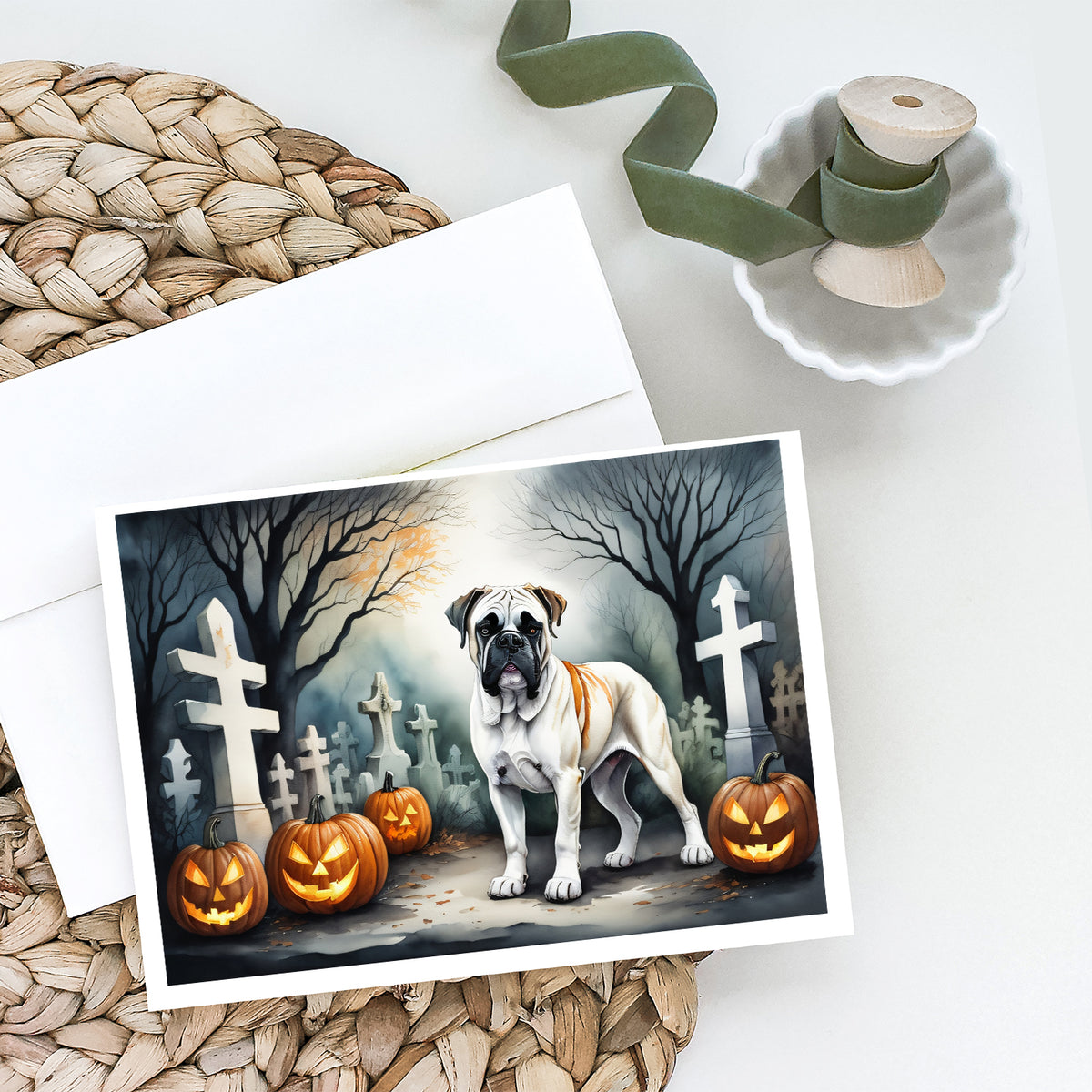 Caroline's Treasures DAC2025GCA7P Boxer Spooky Halloween Greeting Cards and Envelopes Pack of 8 Blank Cards with Envelopes Whimsical A7 Size 5x7 Blank Greeting Cards