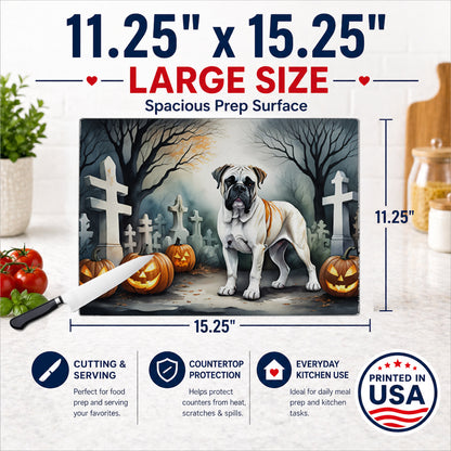 Caroline's Treasures DAC2025LCB Boxer Spooky Halloween Glass Cutting Board Large Decorative Tempered Glass Kitchen Cutting and Serving Board Large Size Chopping Board