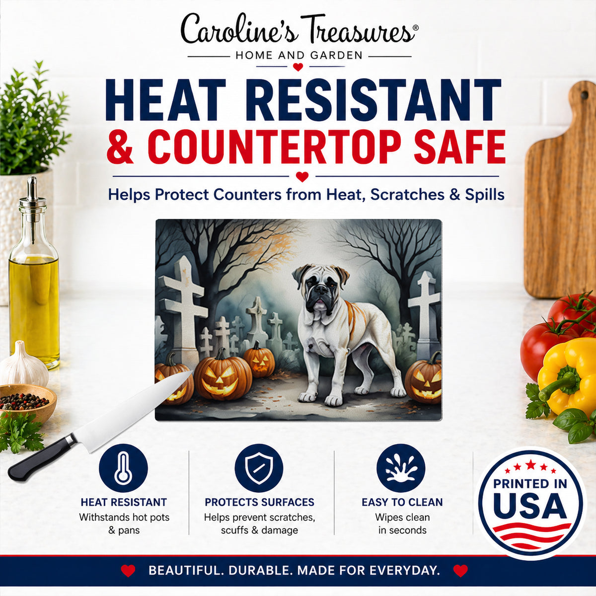 Caroline's Treasures DAC2025LCB Boxer Spooky Halloween Glass Cutting Board Large Decorative Tempered Glass Kitchen Cutting and Serving Board Large Size Chopping Board