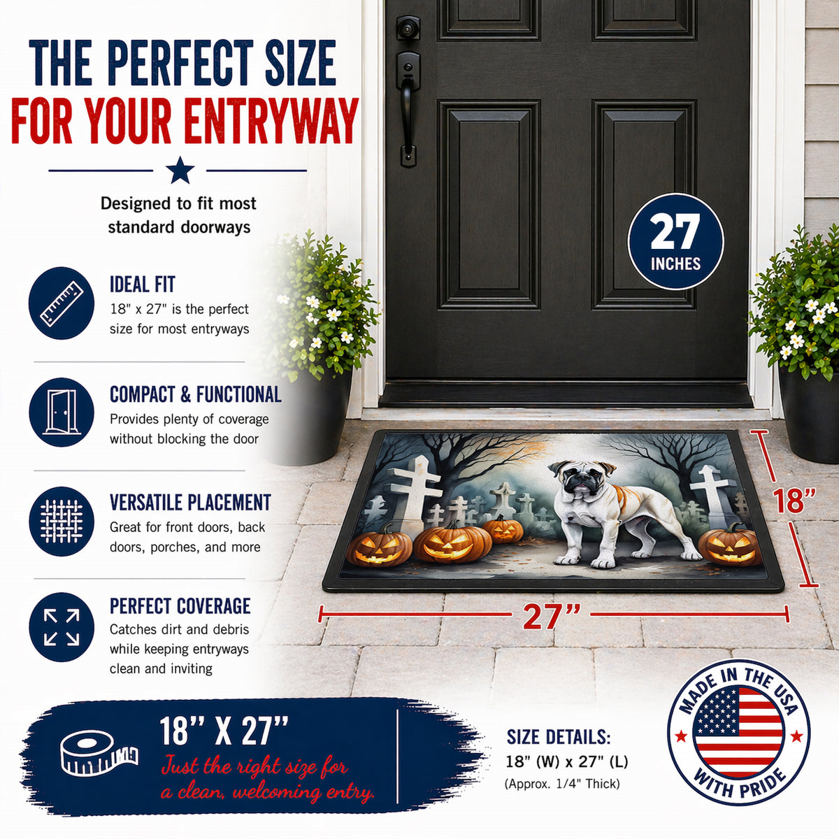 Caroline's Treasures DAC2025MAT Boxer Spooky Halloween Doormat 18x27 Front Door Mat Indoor Outdoor Rugs for Entryway, Non Slip Washable Low Pile, 18H X 27W