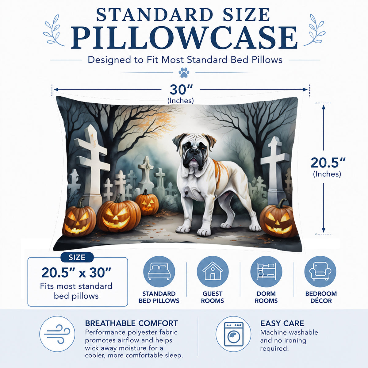 Caroline's Treasures DAC2025PILLOWCASE Boxer Spooky Halloween Fabric Standard Pillowcase Lightweight Super Soft Easy Care Decorative Artwork Pillowcase, Standard