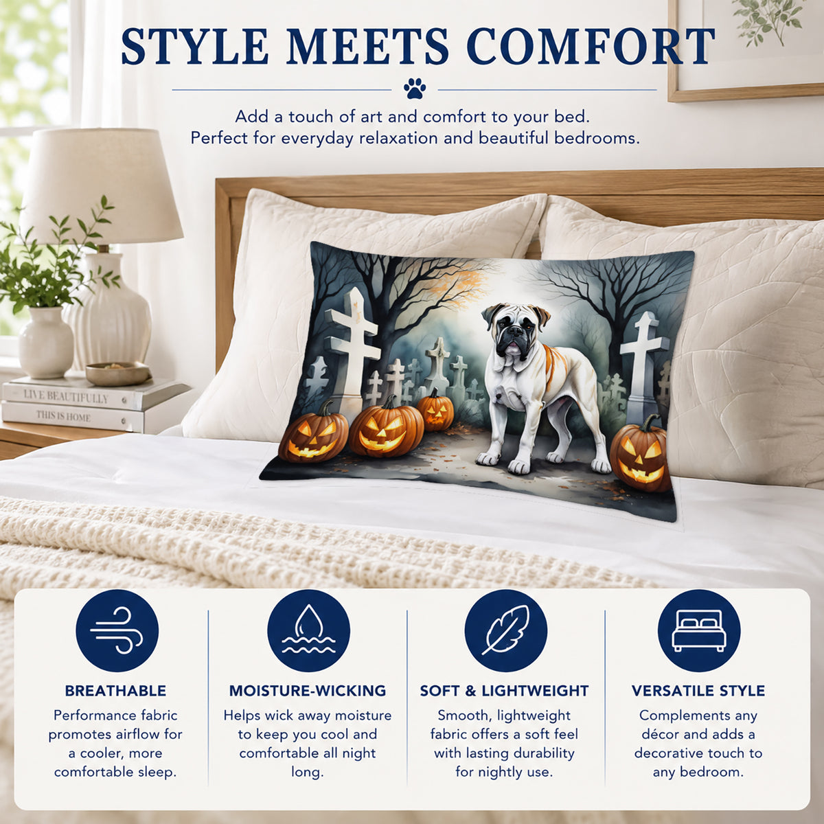 Caroline's Treasures DAC2025PILLOWCASE Boxer Spooky Halloween Fabric Standard Pillowcase Lightweight Super Soft Easy Care Decorative Artwork Pillowcase, Standard