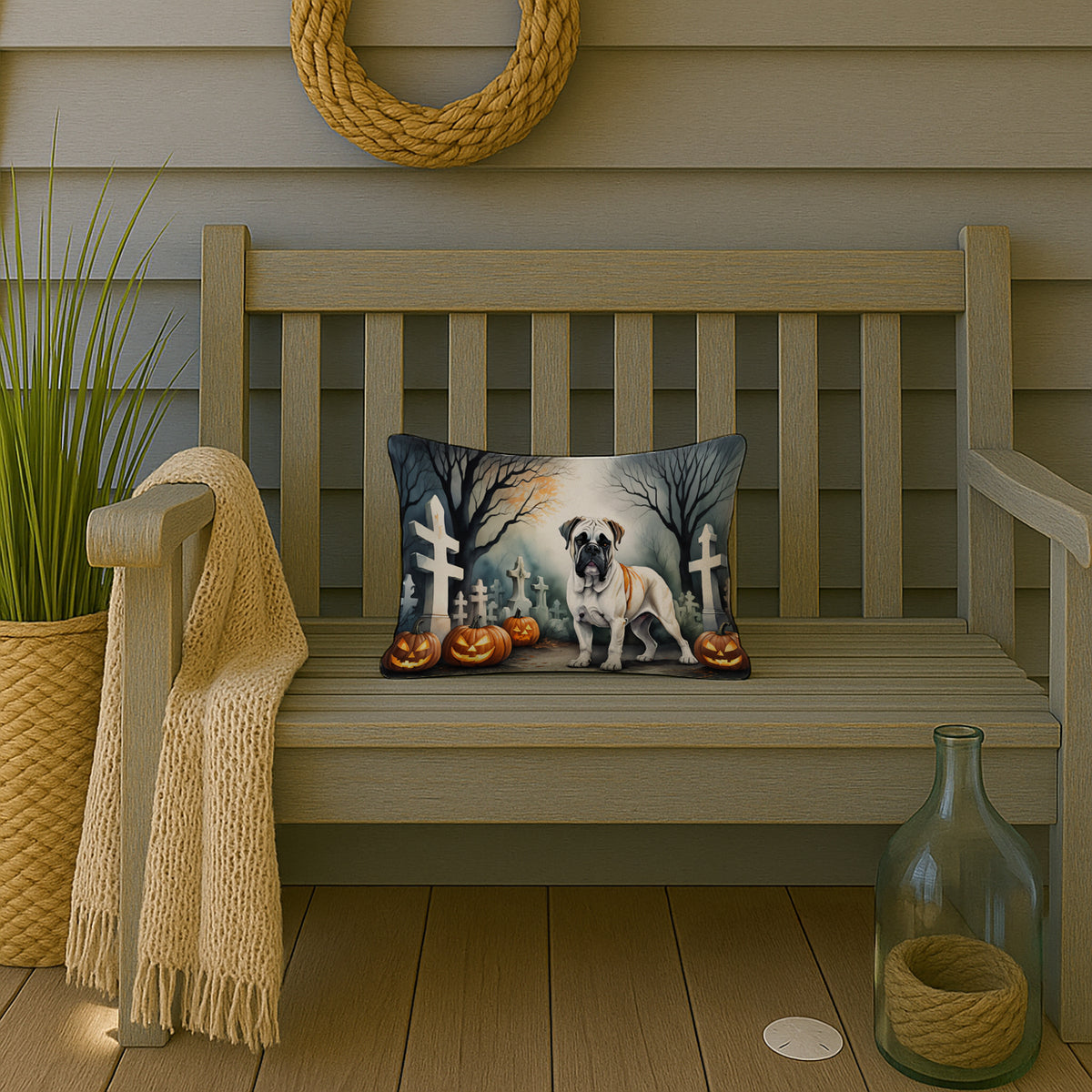 Caroline's Treasures DAC2025PW1216 Boxer Spooky Halloween Fabric Decorative Pillow Machine Washable, Indoor Outdoor Decorative Pillow for Couch, Bed or Patio, 12HX16W