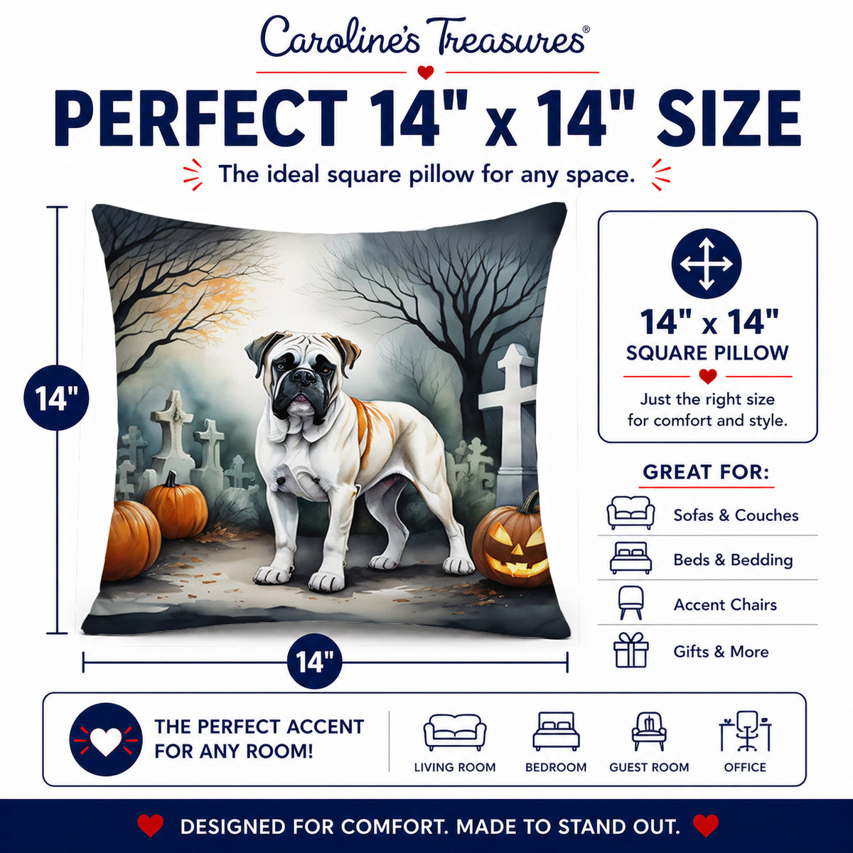 Caroline's Treasures DAC2025PW1414 Boxer Spooky Halloween Fabric Decorative Pillow Machine Washable, Indoor Outdoor Decorative Pillow for Couch, Bed or Patio, 14Hx14W