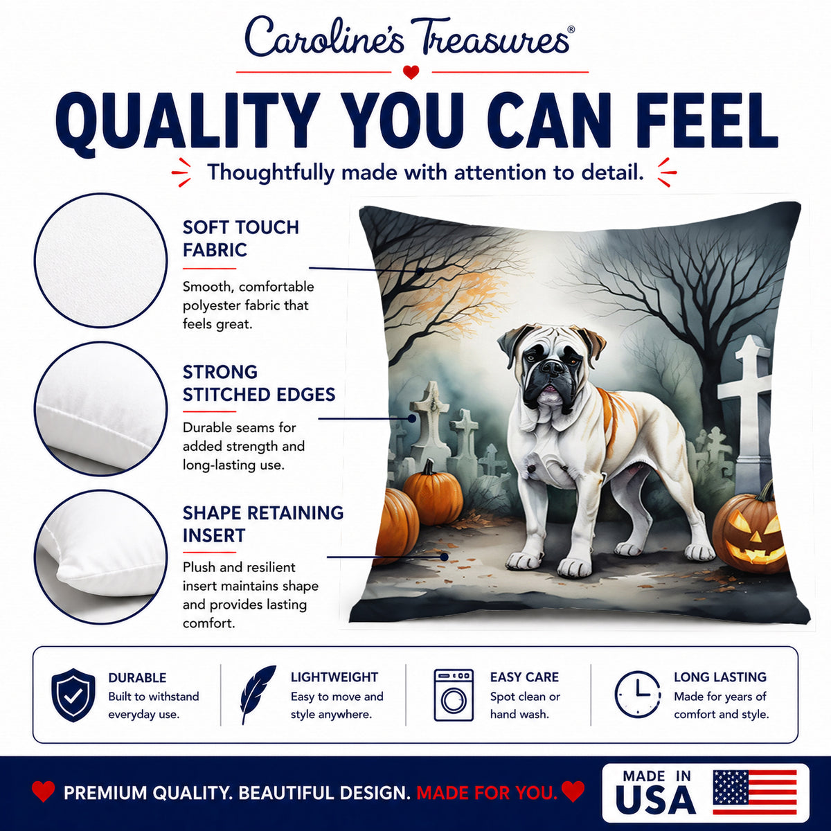 Caroline's Treasures DAC2025PW1414 Boxer Spooky Halloween Fabric Decorative Pillow Machine Washable, Indoor Outdoor Decorative Pillow for Couch, Bed or Patio, 14Hx14W