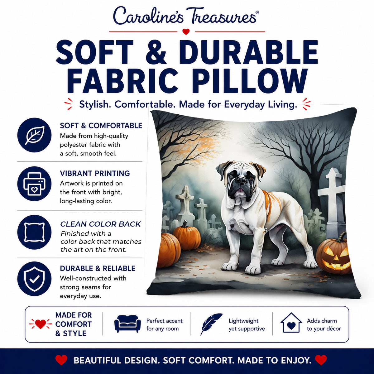 Caroline's Treasures DAC2025PW1818 Boxer Spooky Halloween Fabric Decorative Pillow Machine Washable, Indoor Outdoor Decorative Pillow for Couch, Bed or Patio, 18Hx18W