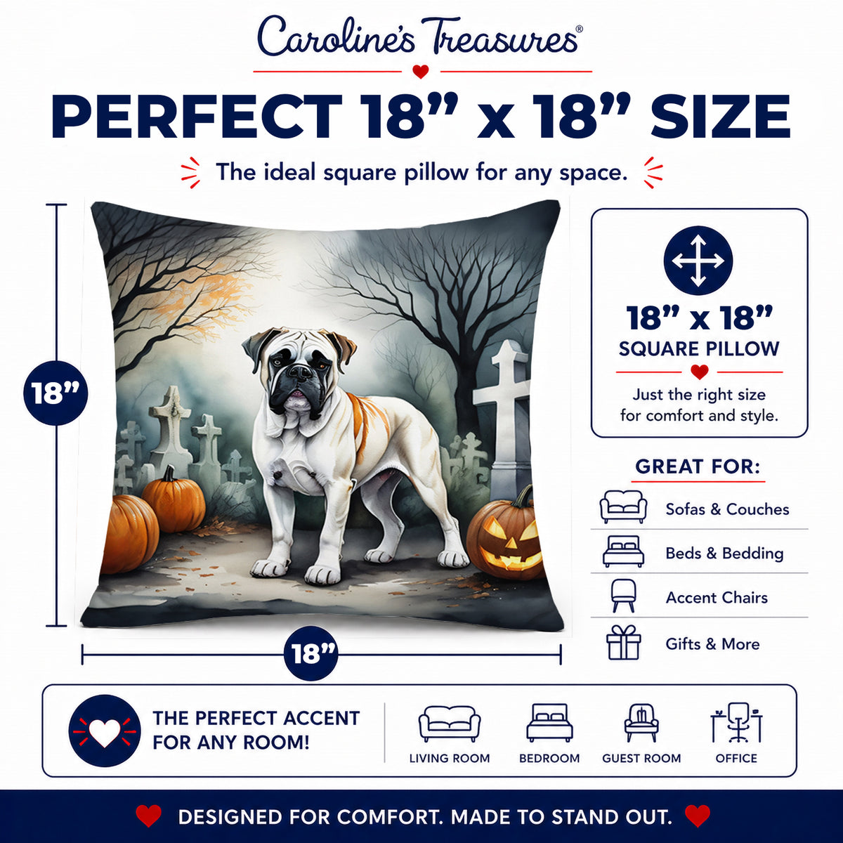 Caroline's Treasures DAC2025PW1818 Boxer Spooky Halloween Fabric Decorative Pillow Machine Washable, Indoor Outdoor Decorative Pillow for Couch, Bed or Patio, 18Hx18W