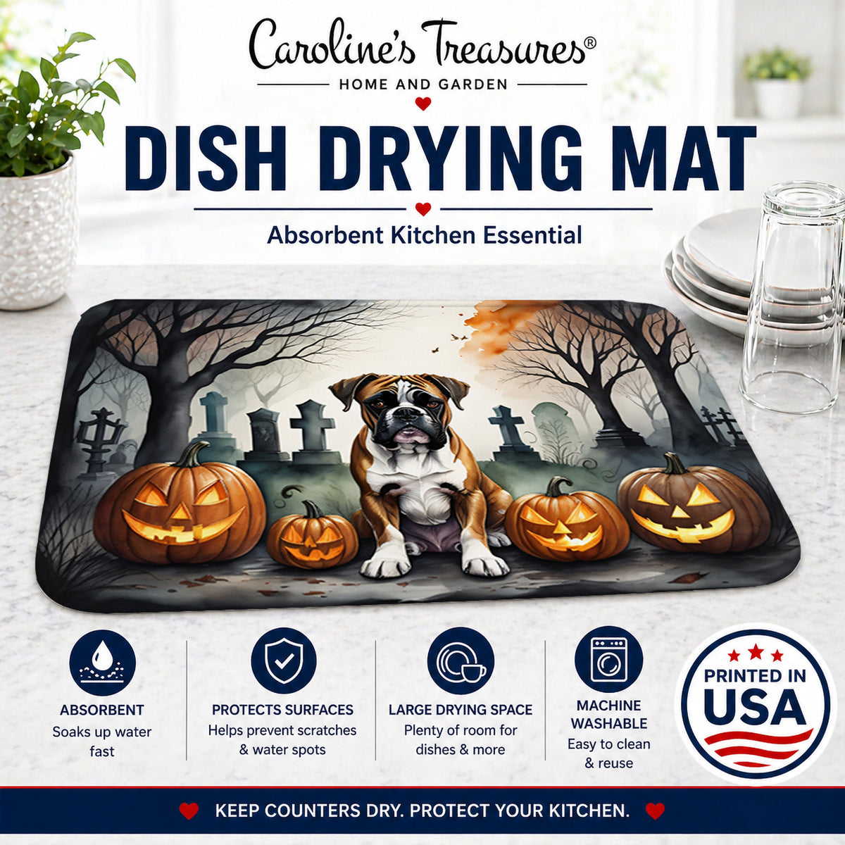 Caroline's Treasures DAC2026DDM Boxer Spooky Halloween Dish Drying Mat Absorbent Dish Drying Mat Pad for Kitchen Counter Dish Drainer Mat for Countertop, 14 x 21, Multicolor