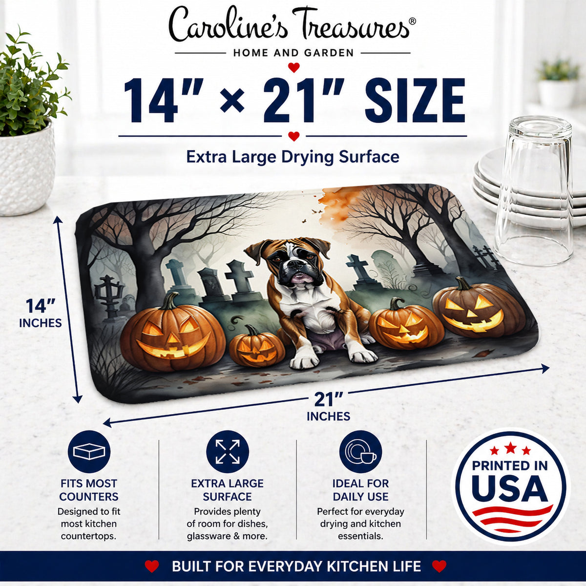 Caroline's Treasures DAC2026DDM Boxer Spooky Halloween Dish Drying Mat Absorbent Dish Drying Mat Pad for Kitchen Counter Dish Drainer Mat for Countertop, 14 x 21, Multicolor