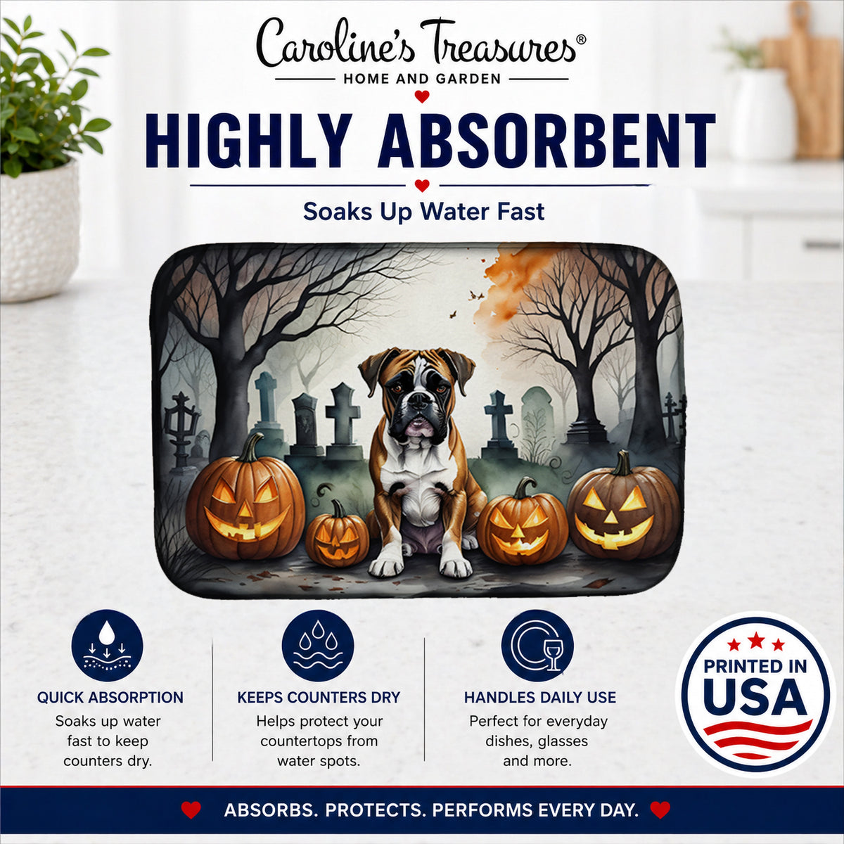 Caroline's Treasures DAC2026DDM Boxer Spooky Halloween Dish Drying Mat Absorbent Dish Drying Mat Pad for Kitchen Counter Dish Drainer Mat for Countertop, 14 x 21, Multicolor