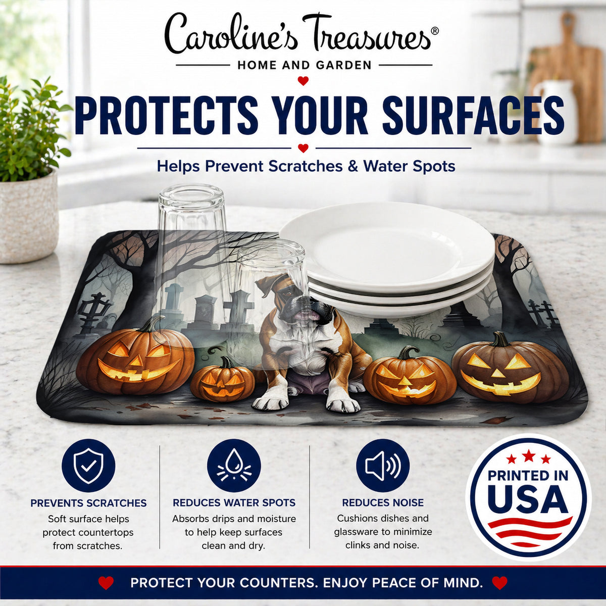 Caroline's Treasures DAC2026DDM Boxer Spooky Halloween Dish Drying Mat Absorbent Dish Drying Mat Pad for Kitchen Counter Dish Drainer Mat for Countertop, 14 x 21, Multicolor