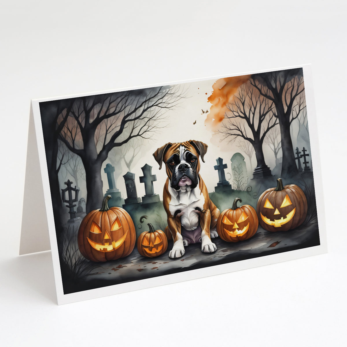 Caroline's Treasures DAC2026GCA7P Boxer Spooky Halloween Greeting Cards and Envelopes Pack of 8 Blank Cards with Envelopes Whimsical A7 Size 5x7 Blank Greeting Cards