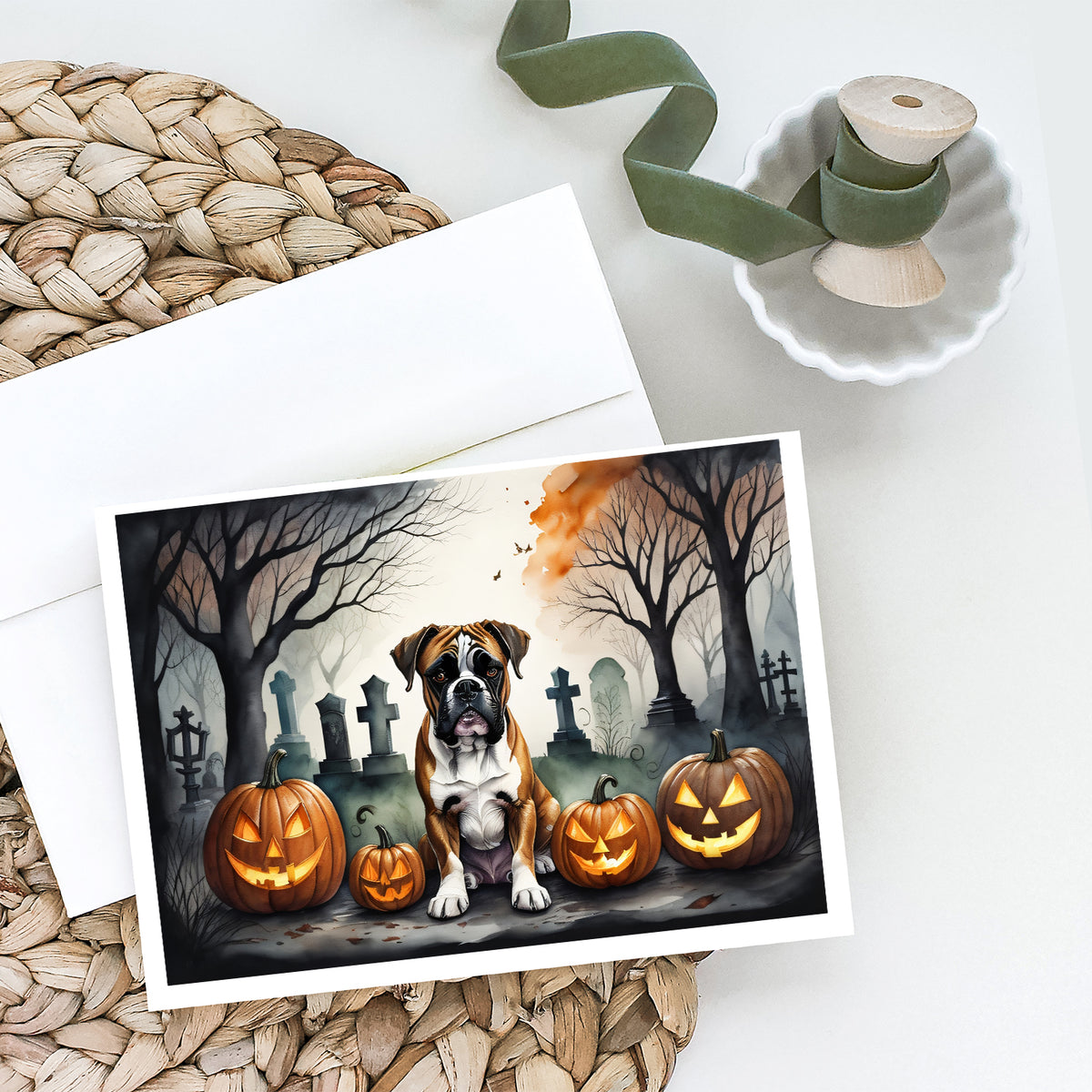 Caroline's Treasures DAC2026GCA7P Boxer Spooky Halloween Greeting Cards and Envelopes Pack of 8 Blank Cards with Envelopes Whimsical A7 Size 5x7 Blank Greeting Cards