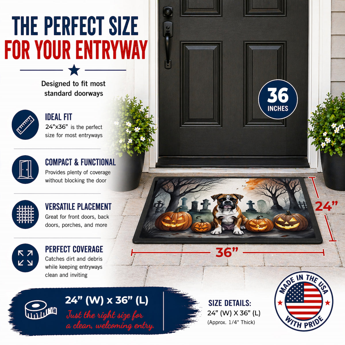 Caroline's Treasures DAC2026JMAT Boxer Spooky Halloween Indoor or Outdoor Mat 24x36 Front Door Mat Indoor Outdoor Rugs for Entryway, Non Slip Washable Low Pile, 24H X 36W