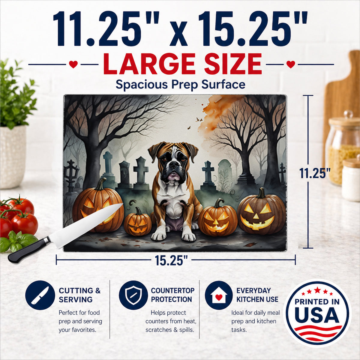 Caroline's Treasures DAC2026LCB Boxer Spooky Halloween Glass Cutting Board Large Decorative Tempered Glass Kitchen Cutting and Serving Board Large Size Chopping Board