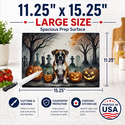 Caroline's Treasures DAC2026LCB Boxer Spooky Halloween Glass Cutting Board Large Decorative Tempered Glass Kitchen Cutting and Serving Board Large Size Chopping Board