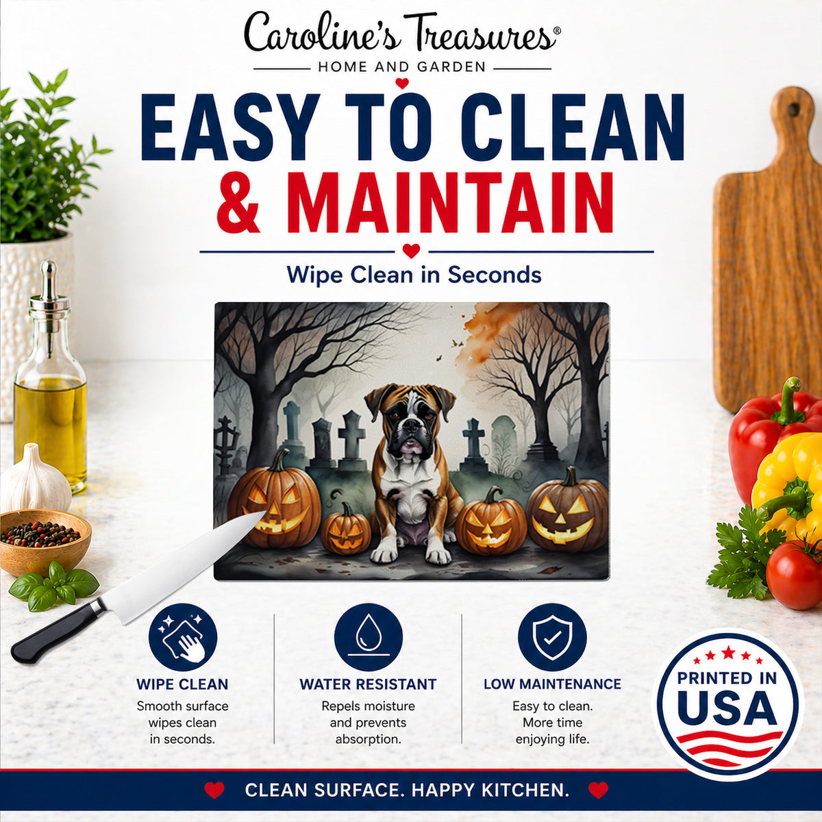 Caroline's Treasures DAC2026LCB Boxer Spooky Halloween Glass Cutting Board Large Decorative Tempered Glass Kitchen Cutting and Serving Board Large Size Chopping Board