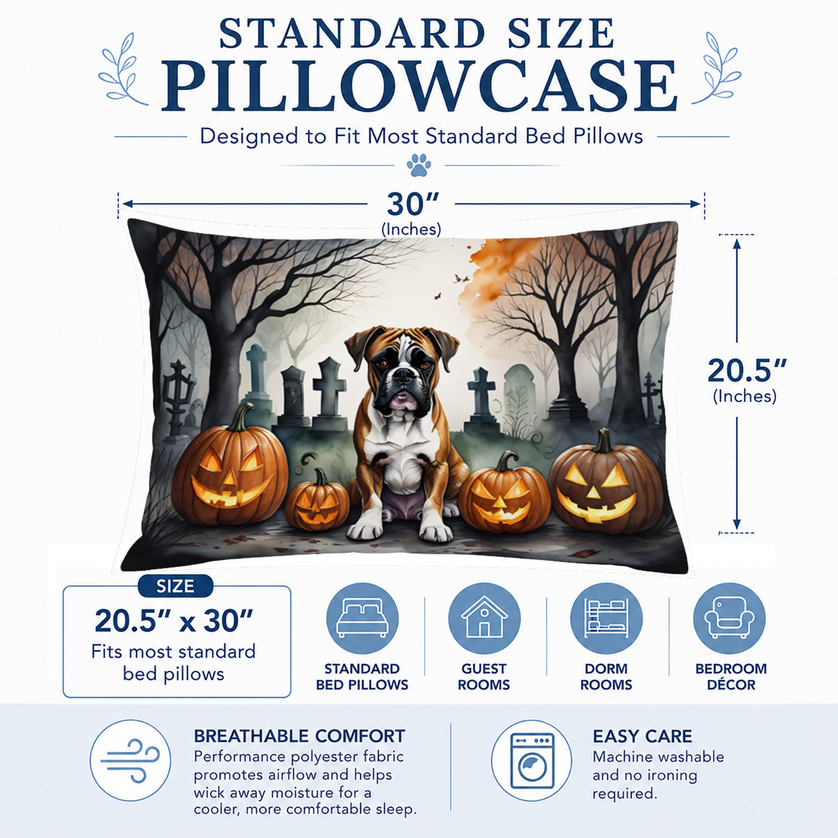 Caroline's Treasures DAC2026PILLOWCASE Boxer Spooky Halloween Fabric Standard Pillowcase Lightweight Super Soft Easy Care Decorative Artwork Pillowcase, Standard