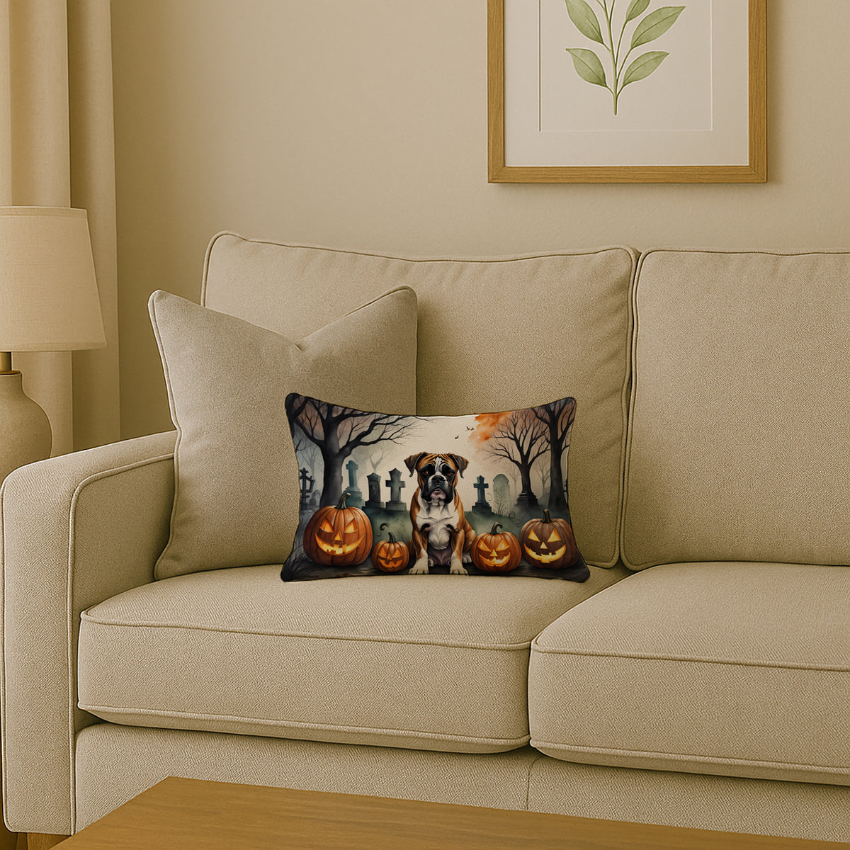 Caroline's Treasures DAC2026PW1216 Boxer Spooky Halloween Fabric Decorative Pillow Machine Washable, Indoor Outdoor Decorative Pillow for Couch, Bed or Patio, 12HX16W