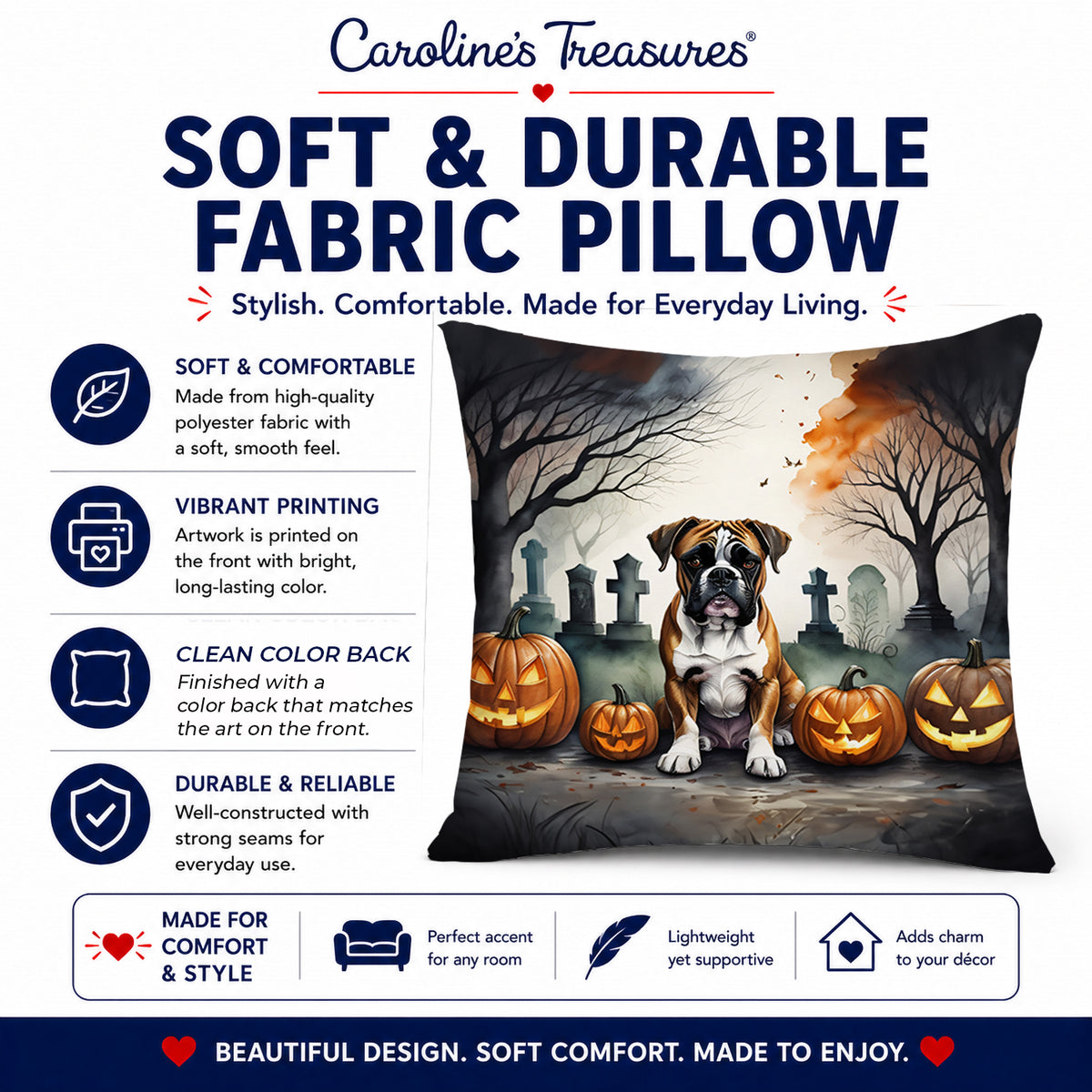 Caroline's Treasures DAC2026PW1414 Boxer Spooky Halloween Fabric Decorative Pillow Machine Washable, Indoor Outdoor Decorative Pillow for Couch, Bed or Patio, 14Hx14W