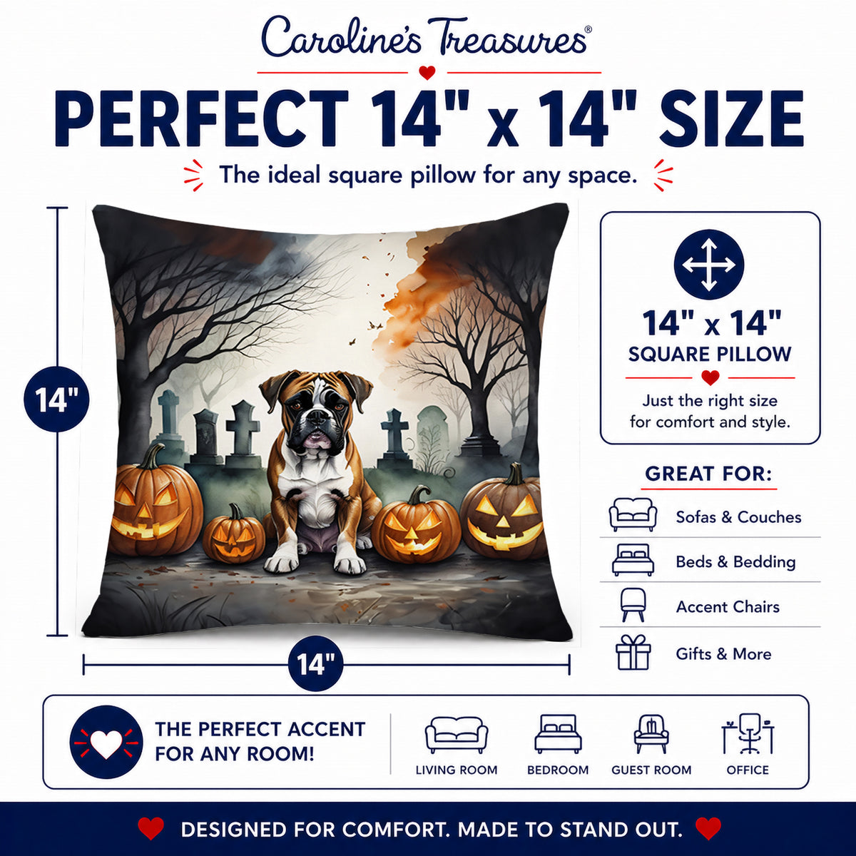 Caroline's Treasures DAC2026PW1414 Boxer Spooky Halloween Fabric Decorative Pillow Machine Washable, Indoor Outdoor Decorative Pillow for Couch, Bed or Patio, 14Hx14W
