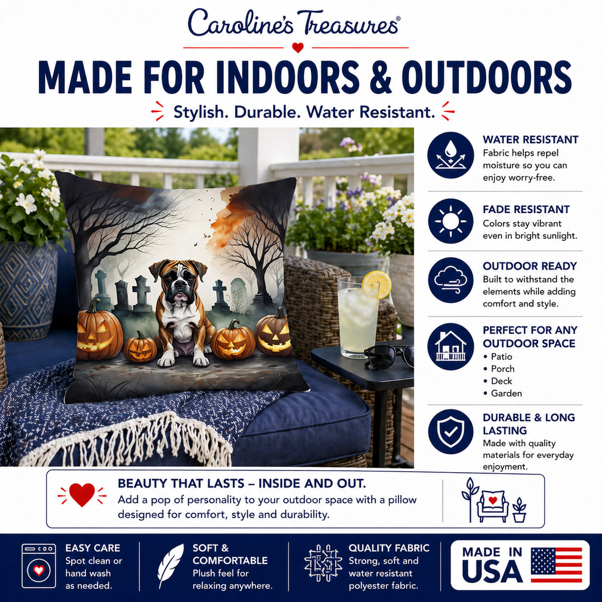 Caroline's Treasures DAC2026PW1414 Boxer Spooky Halloween Fabric Decorative Pillow Machine Washable, Indoor Outdoor Decorative Pillow for Couch, Bed or Patio, 14Hx14W
