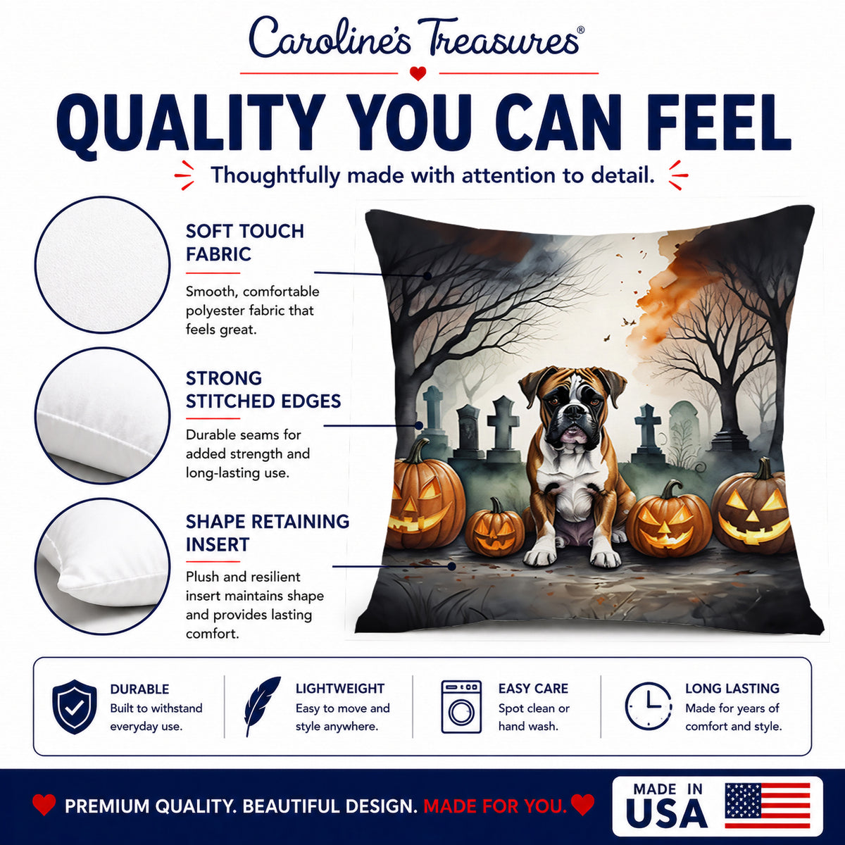 Caroline's Treasures DAC2026PW1818 Boxer Spooky Halloween Fabric Decorative Pillow Machine Washable, Indoor Outdoor Decorative Pillow for Couch, Bed or Patio, 18Hx18W