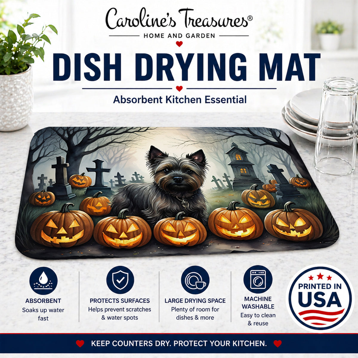 Caroline's Treasures DAC2027DDM Cairn Terrier Spooky Halloween Dish Drying Mat Absorbent Dish Drying Mat Pad for Kitchen Counter Dish Drainer Mat for Countertop, 14 x 21, Multicolor