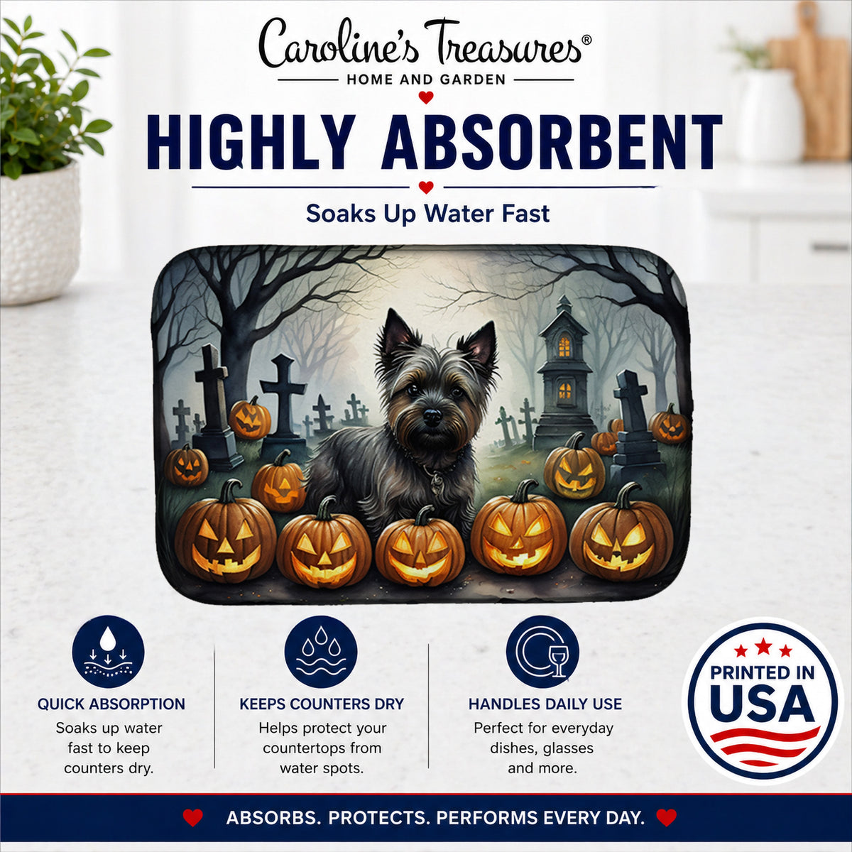 Caroline's Treasures DAC2027DDM Cairn Terrier Spooky Halloween Dish Drying Mat Absorbent Dish Drying Mat Pad for Kitchen Counter Dish Drainer Mat for Countertop, 14 x 21, Multicolor