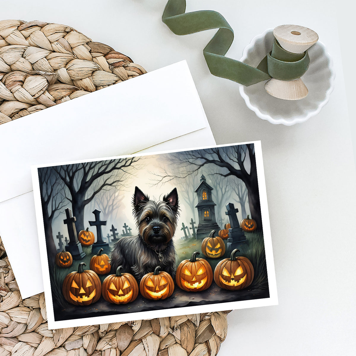 Caroline's Treasures DAC2027GCA7P Cairn Terrier Spooky Halloween Greeting Cards and Envelopes Pack of 8 Blank Cards with Envelopes Whimsical A7 Size 5x7 Blank Greeting Cards