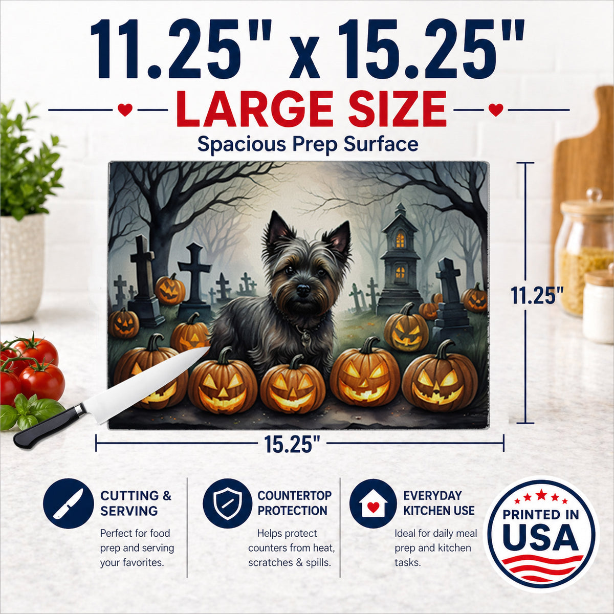 Caroline's Treasures DAC2027LCB Cairn Terrier Spooky Halloween Glass Cutting Board Large Decorative Tempered Glass Kitchen Cutting and Serving Board Large Size Chopping Board